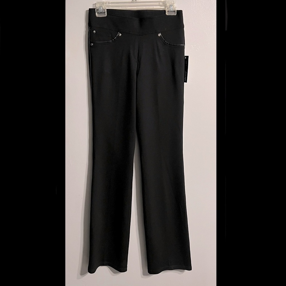 Black pull on stretch dress pants, Bianca Nygard, boot cut, w/faux leather trim